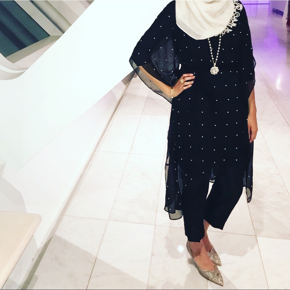 Black asymmetrical kaftan with pants